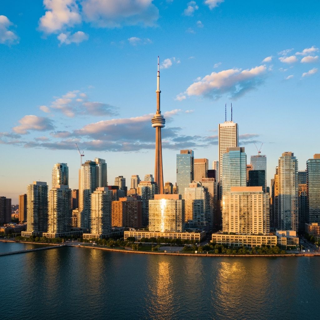Toronto skyline at golden hour with CN Tower