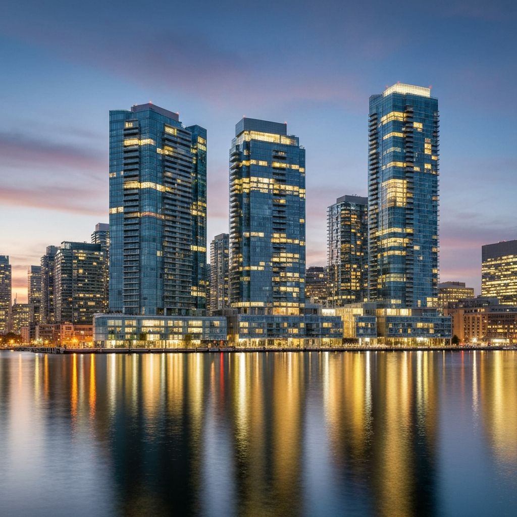 Toronto waterfront condominiums at dusk